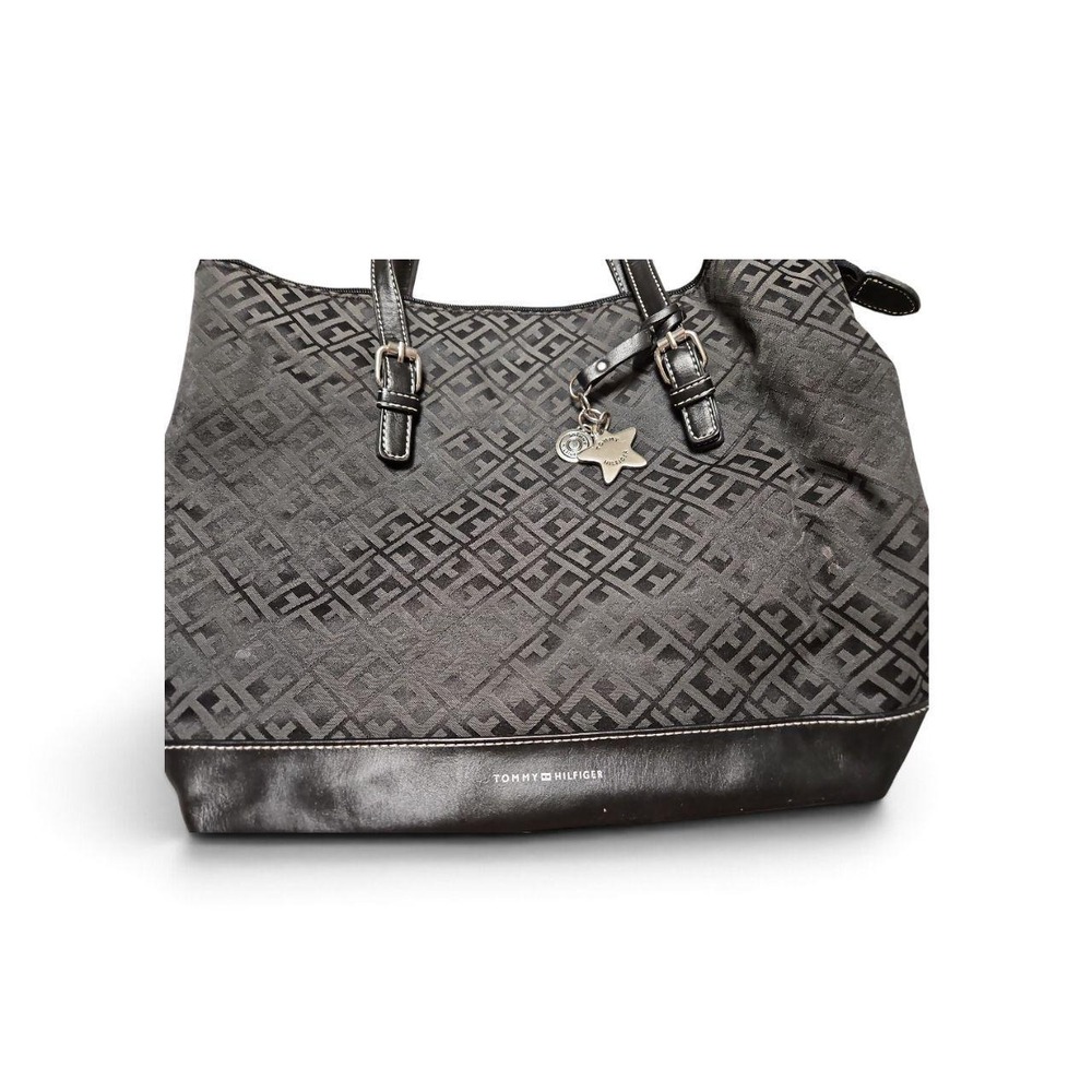 Tommy Hilfiger Monogram Jacquard Tote Bag Black Silver Hardware Logo Charm 0128